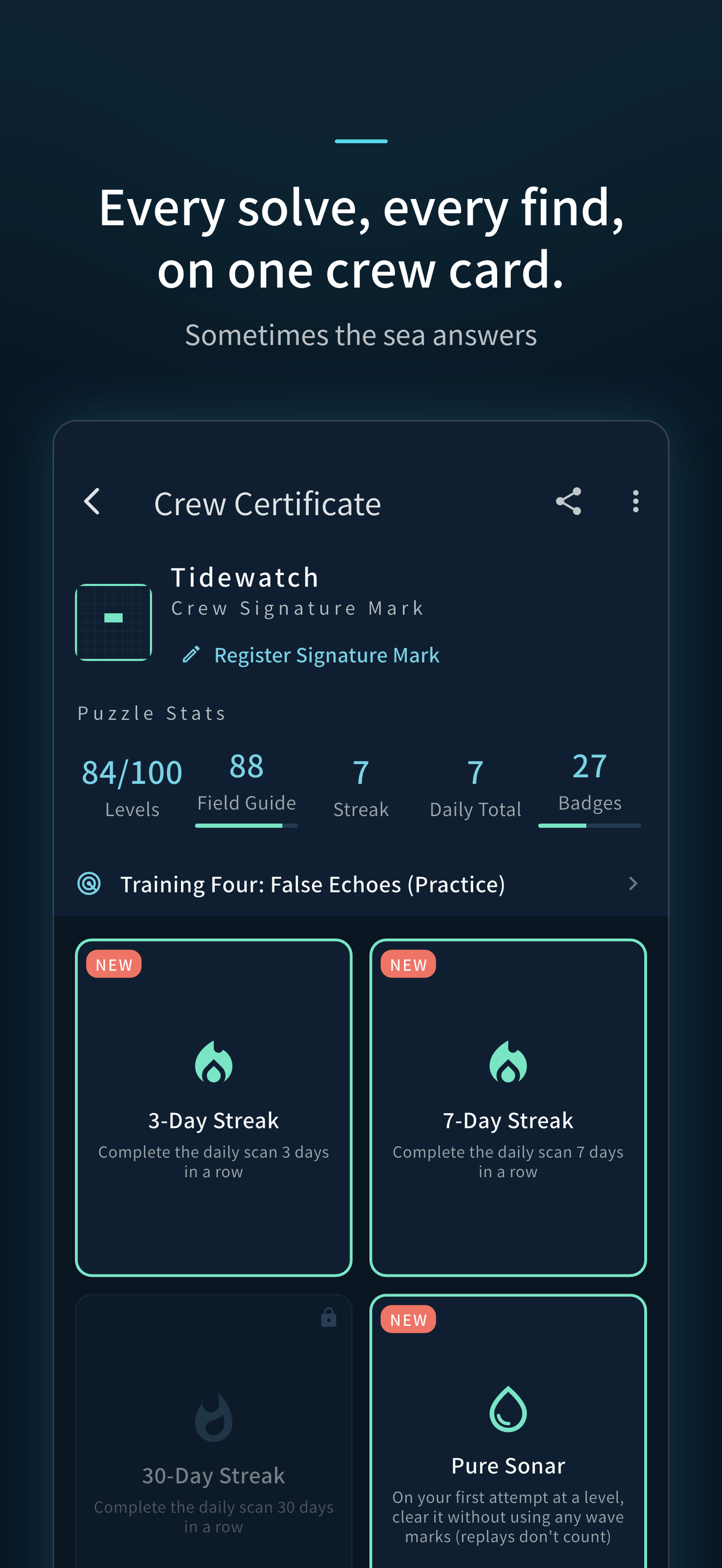 The Crew Certificate: a personal page recording voyages and streaks.