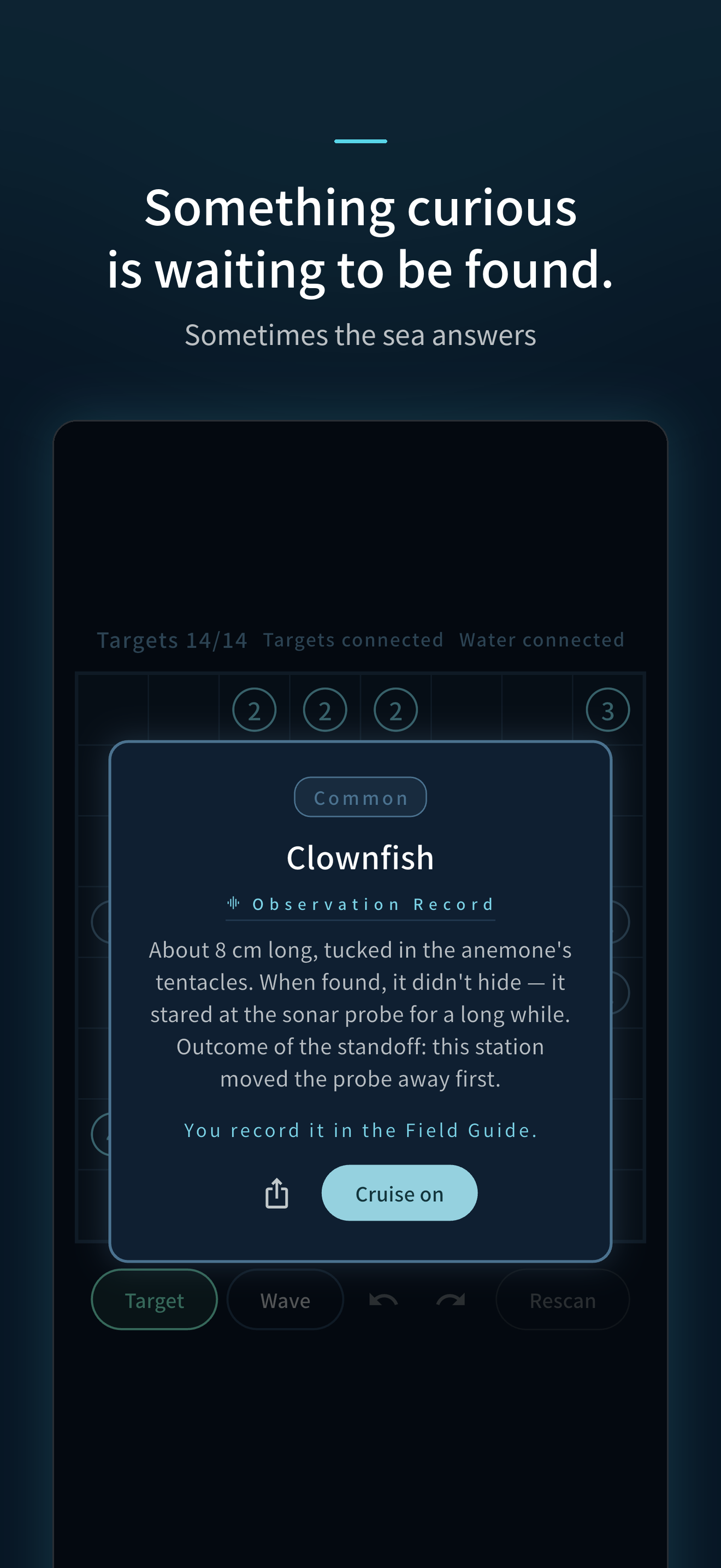 A discovery card: the creature that surfaced after a solve, with a line from the observation log.